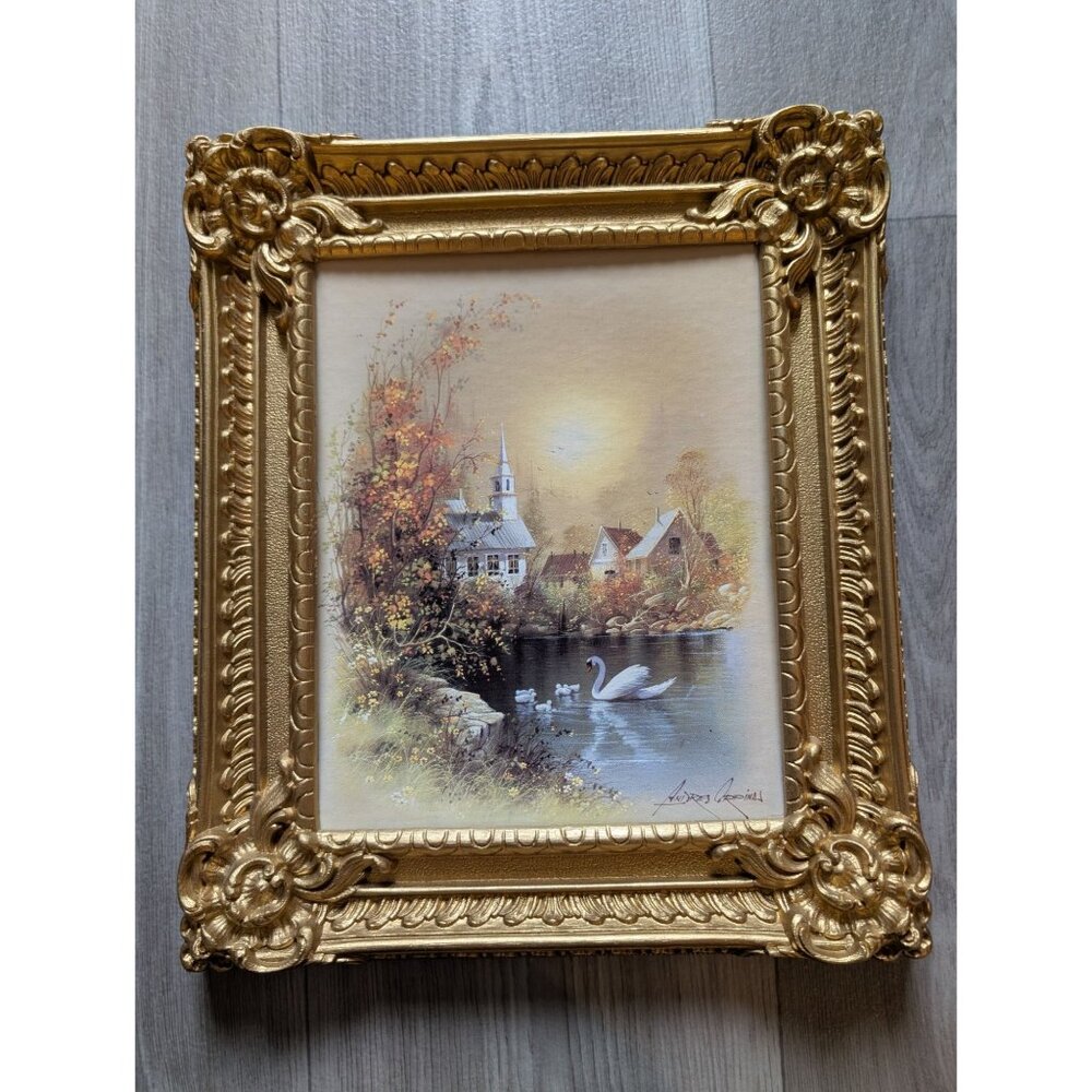 Signed Andreas Orpinas Autumn Village Scene Swan Lake Art Print In Ornate Gold F